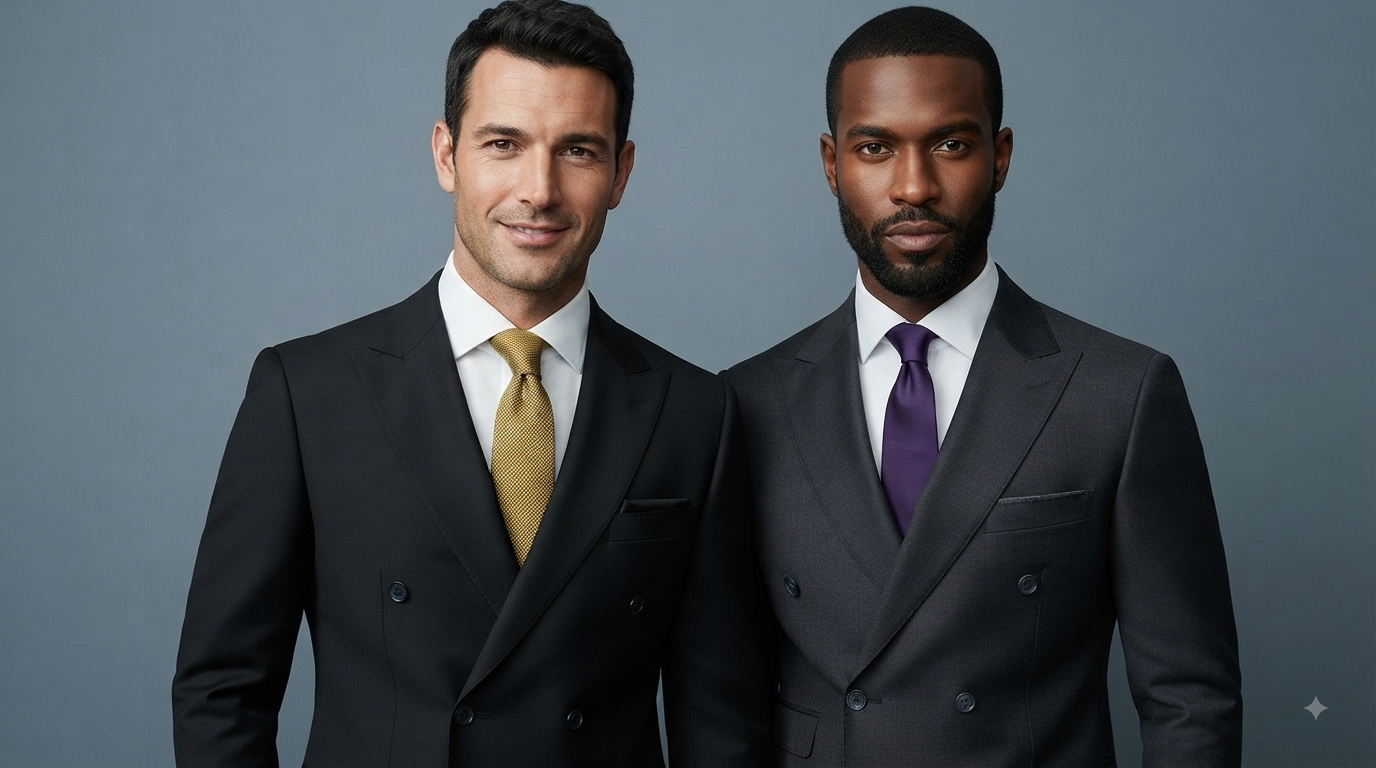 Dois modelos vestindo ternos trespassados preto e cinza chumbo