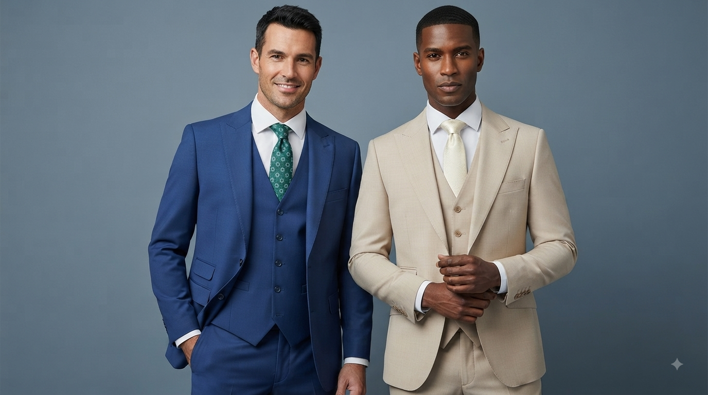 Dois modelos vestindo ternos de três peças azul royal e bege